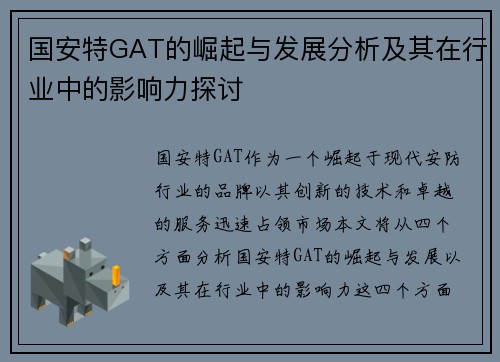 国安特GAT的崛起与发展分析及其在行业中的影响力探讨